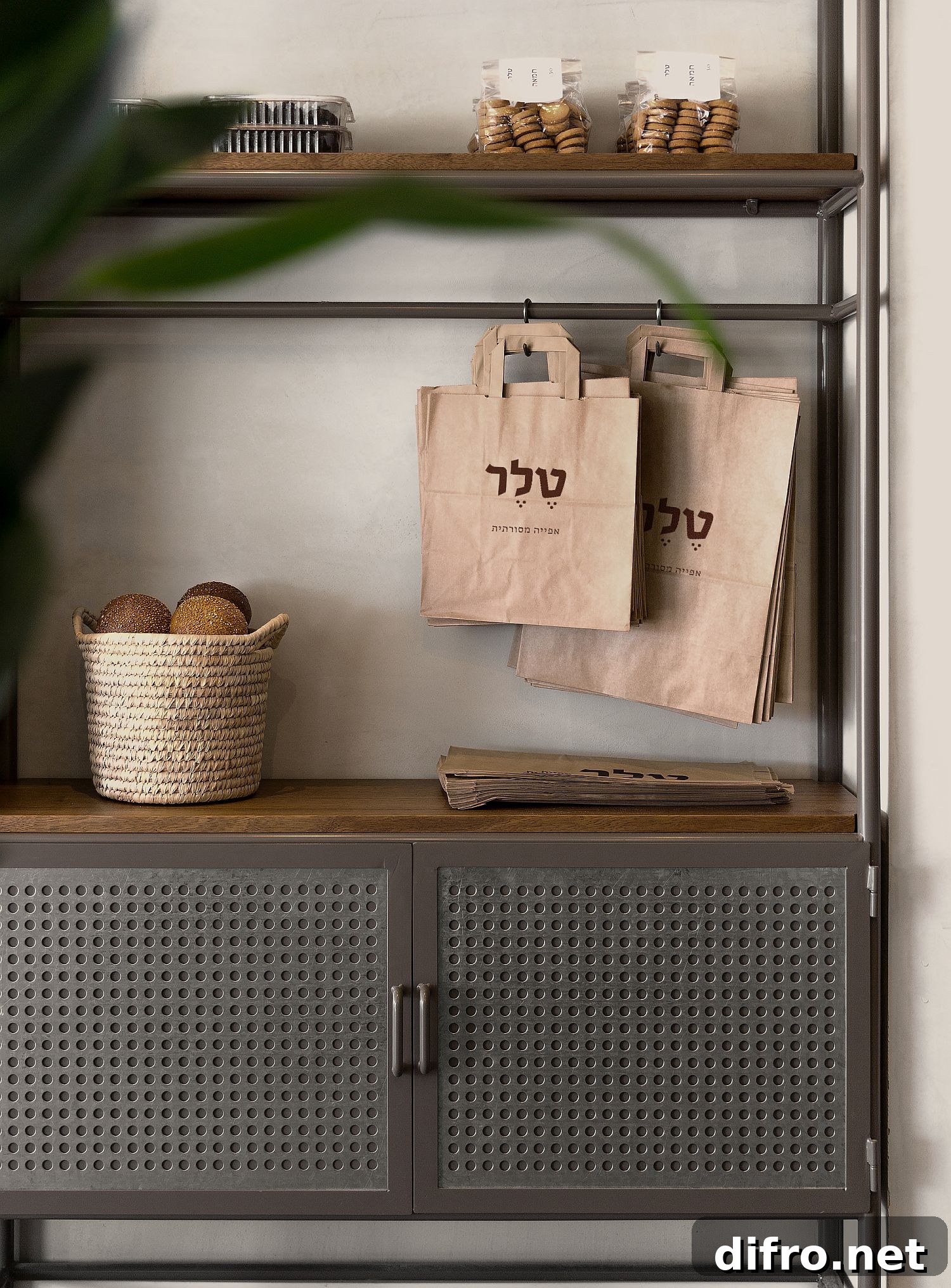 Shelves and cabinets with industrial touches inside the bakery