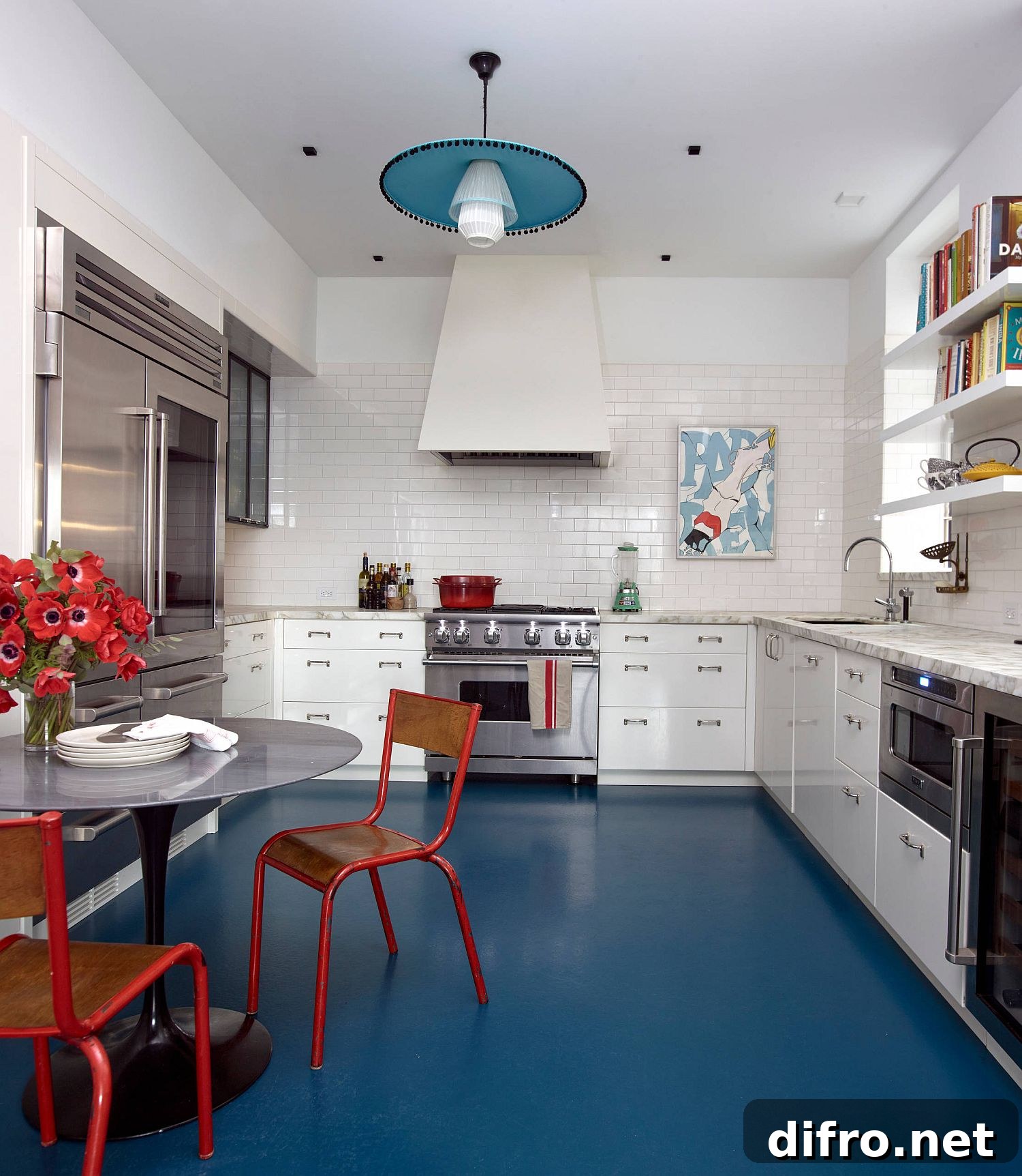 Kitchen where the floor adds a pop of color