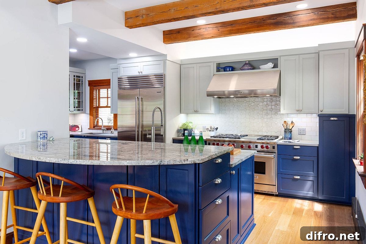 Craftsman kitchen in blue and white with wooden beams