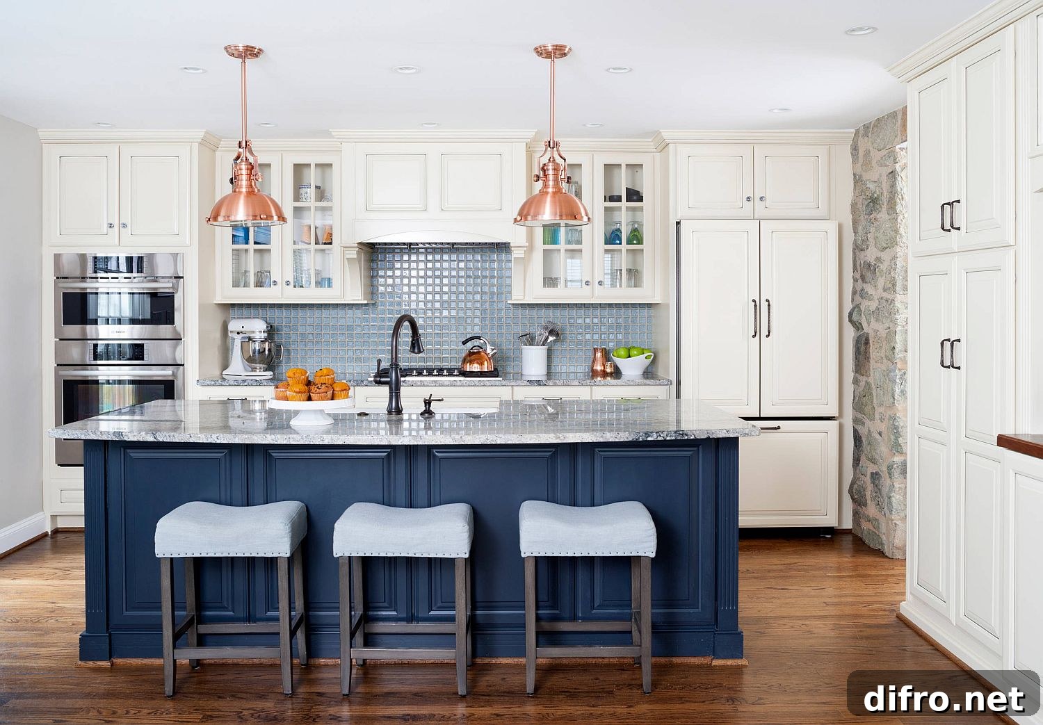 White kitchen with subtle deep blue accents