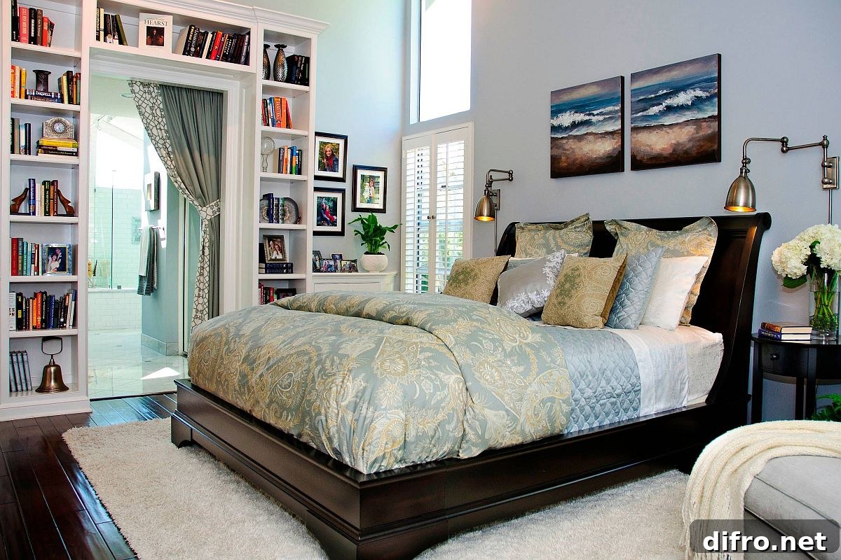 Built-in bookshelves around a bedroom doorway