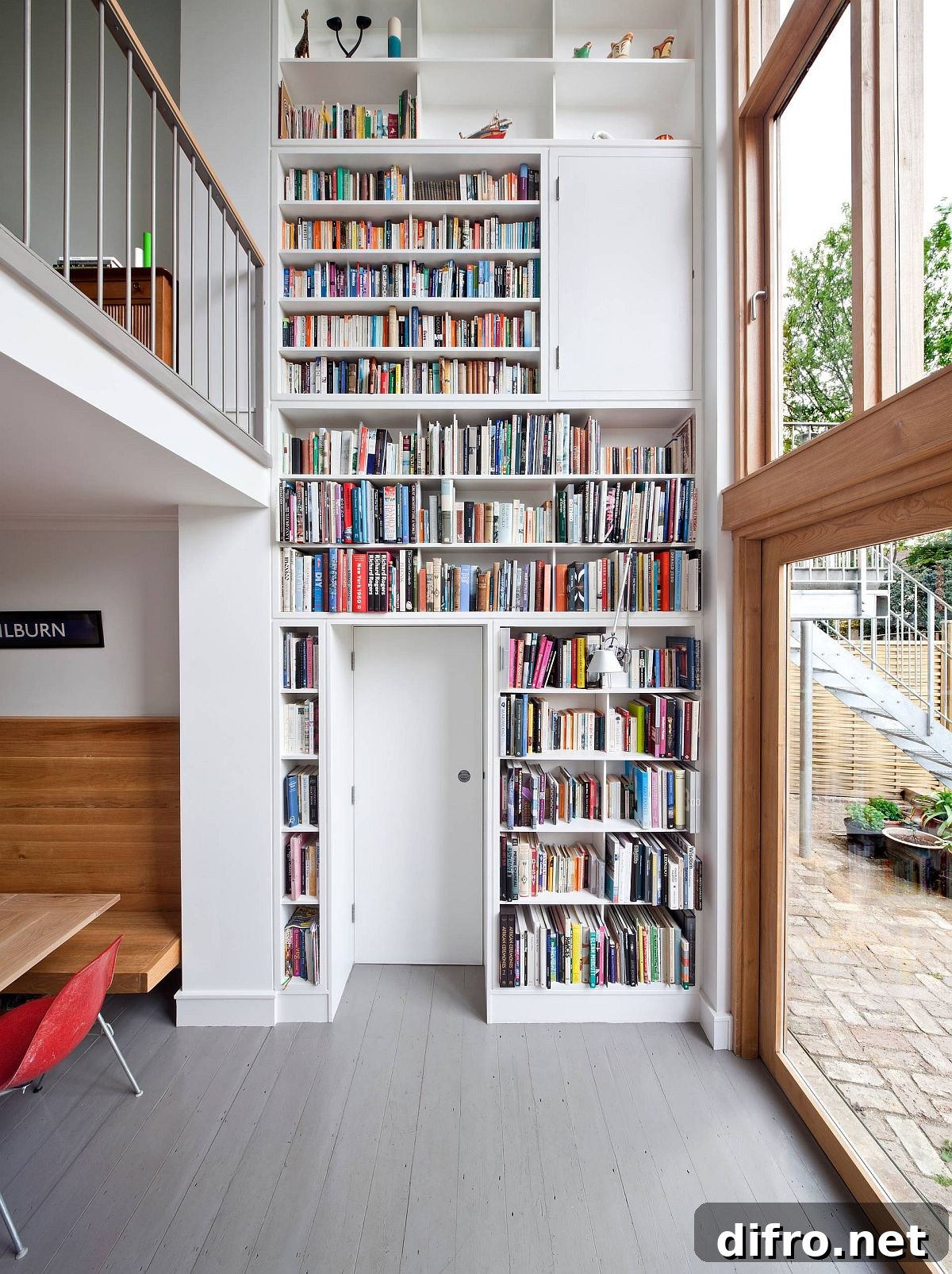 Multi-level living room library wall in white