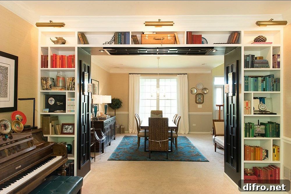 Music room with simple shelves around the doorway