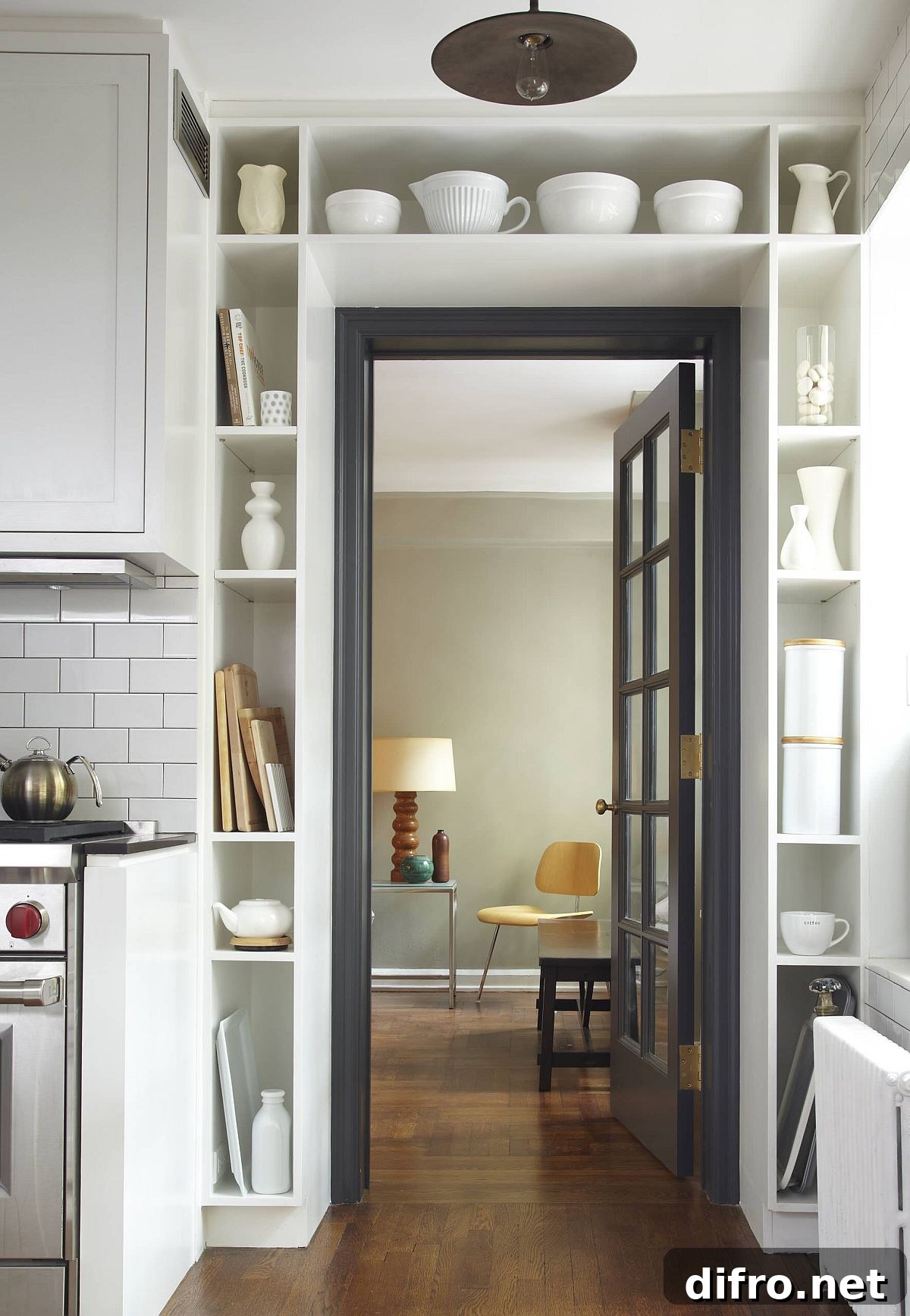 Slim open shelves around a kitchen doorway
