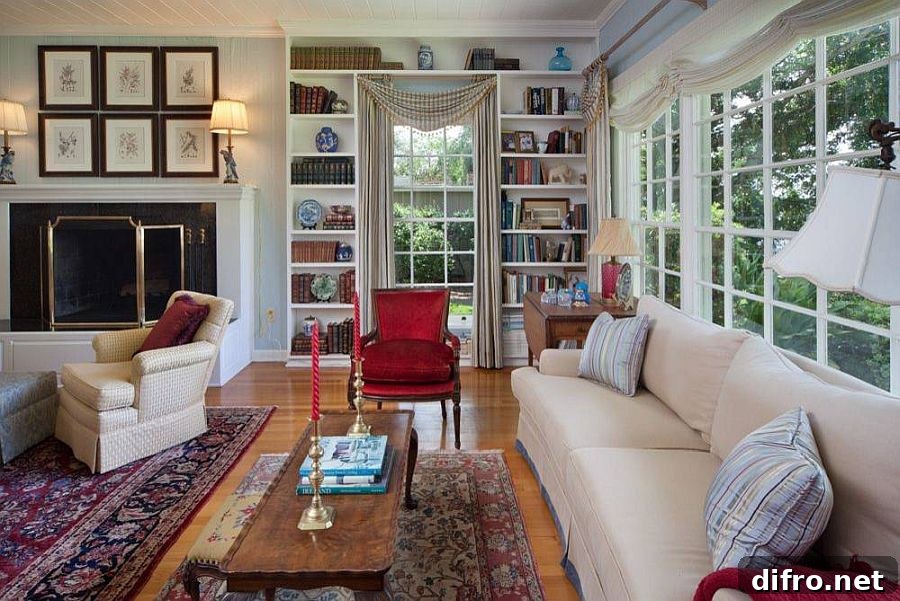 Classic living room with bookshelves around the doorway