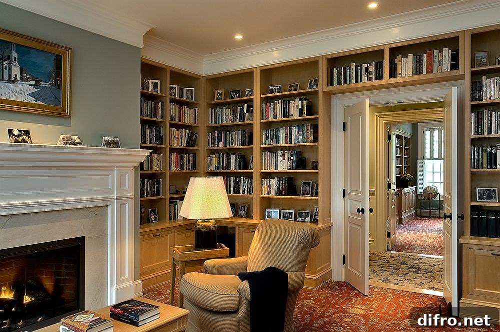 Shelves around a doorway extending to other walls