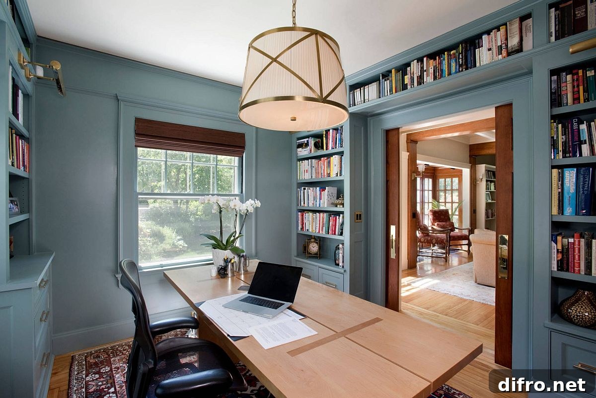 Shelves wrapped around a doorway in a modern home office