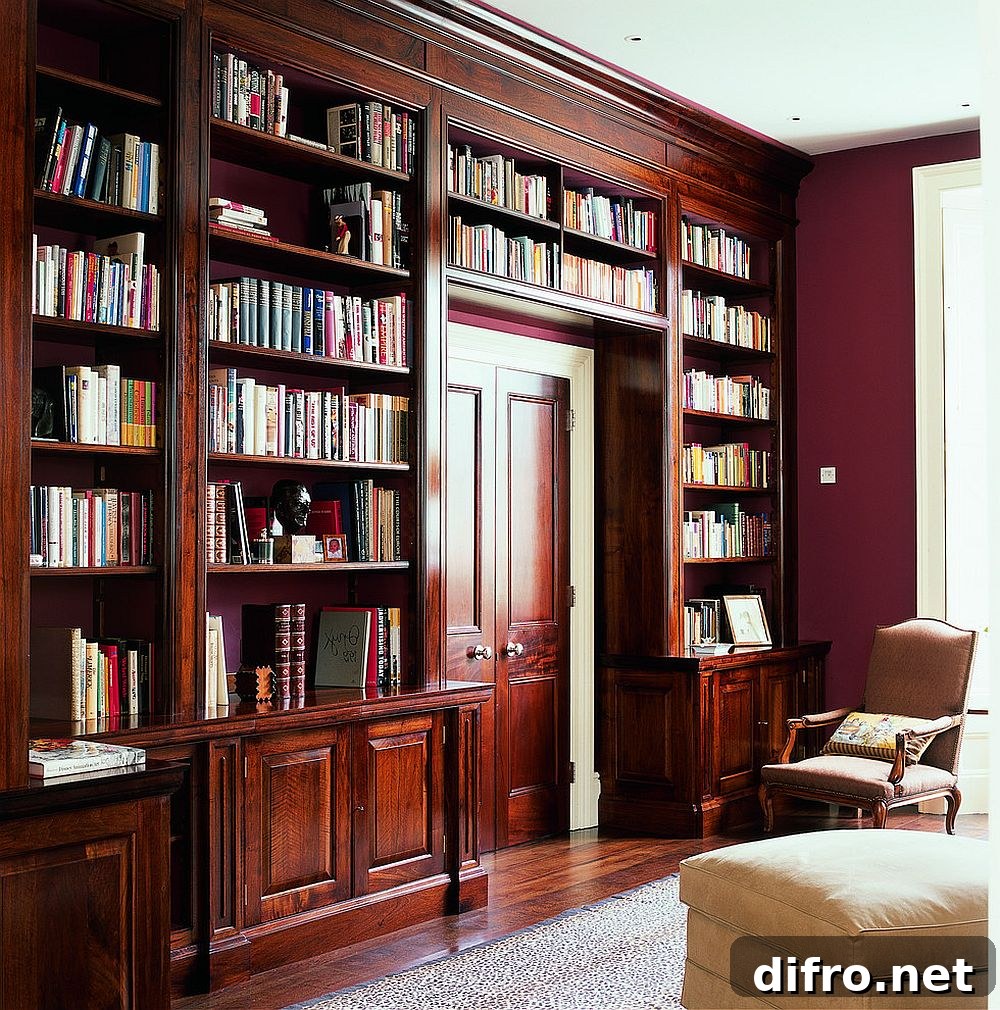 French walnut shelves around a doorway with red walls