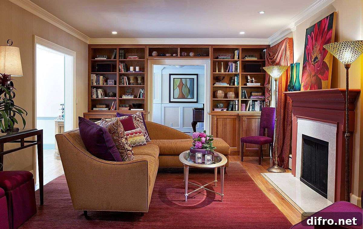 Colorful eclectic living room with shelves around the doorway
