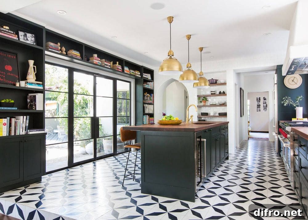 Industrial kitchen with black bookshelves around glass doors
