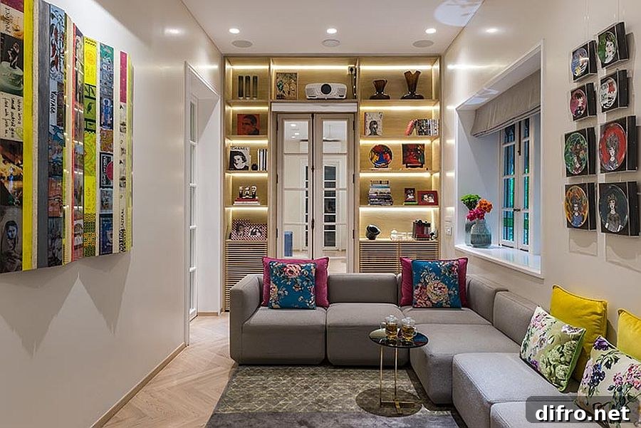 Shelving around a doorway with integrated lighting