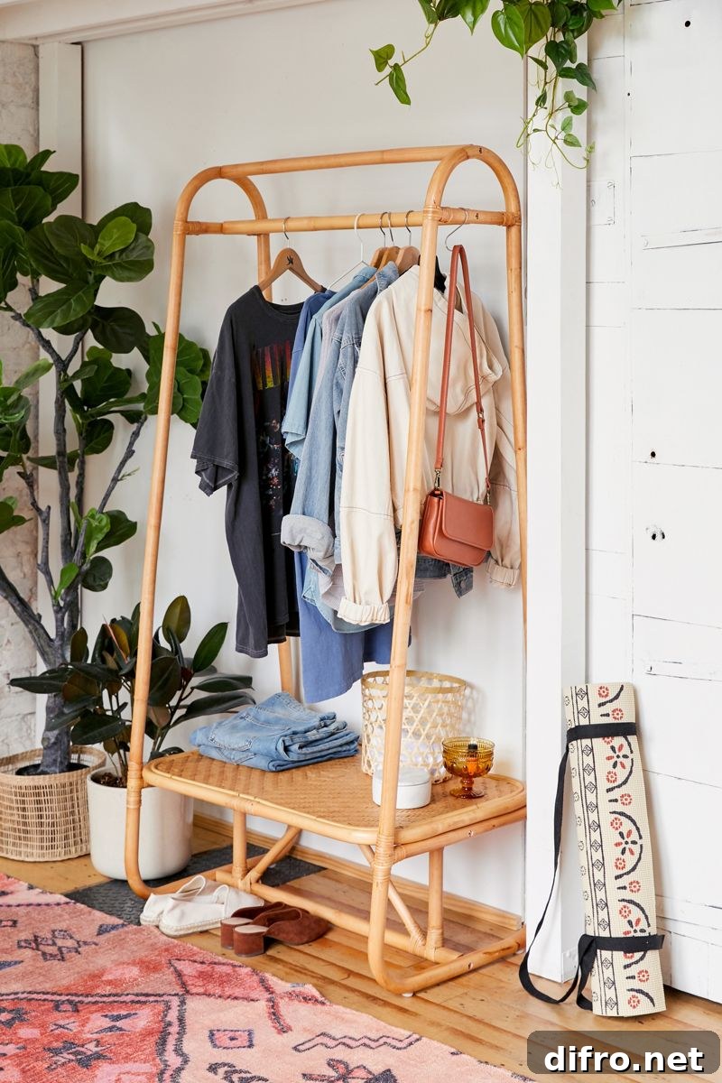 Rattan clothing rack with shelf