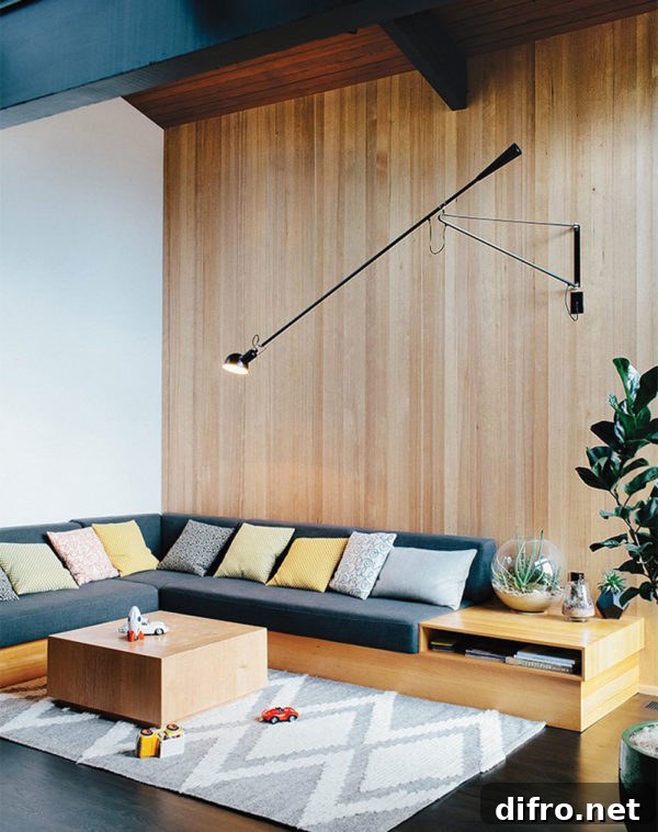 Living room with restored hemlock wood on the walls