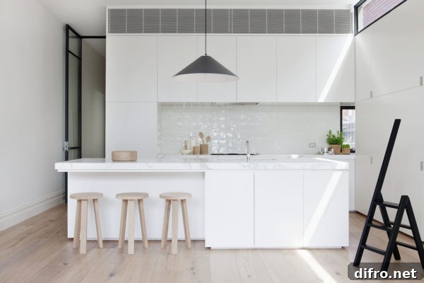 White kitchen with glossy tile backsplash and matte cabinetry