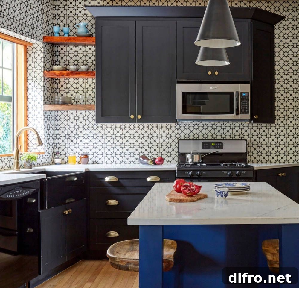 Glossy black appliances in a colorful kitchen