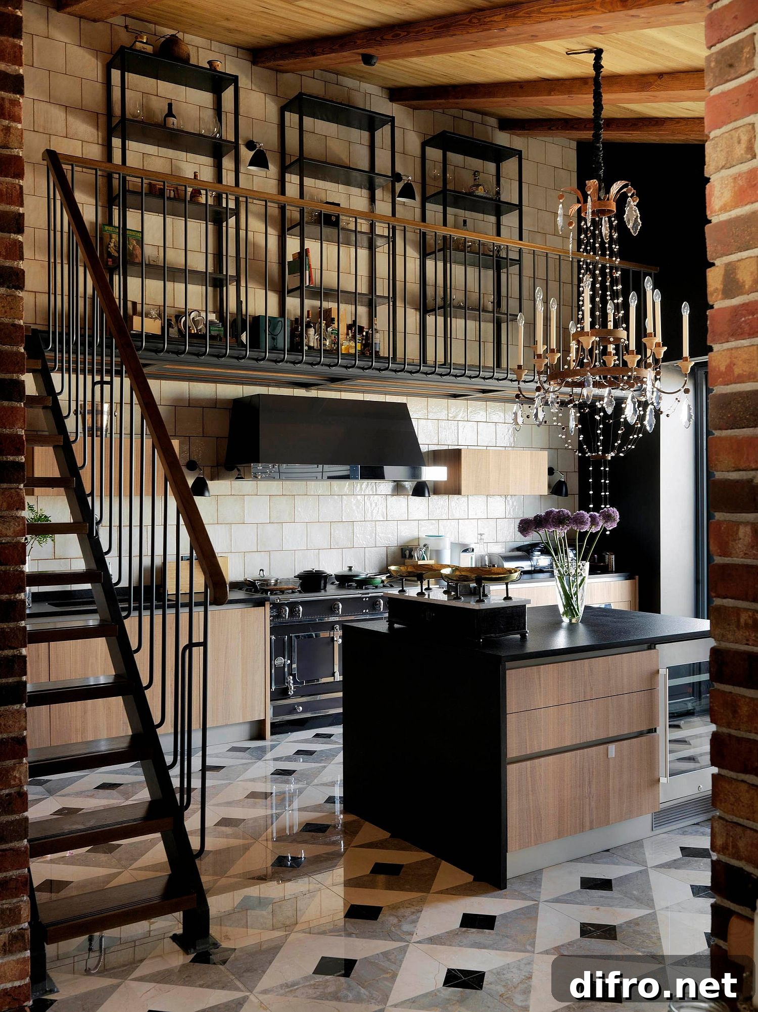Industrial-style kitchen with black appliances and dark countertops