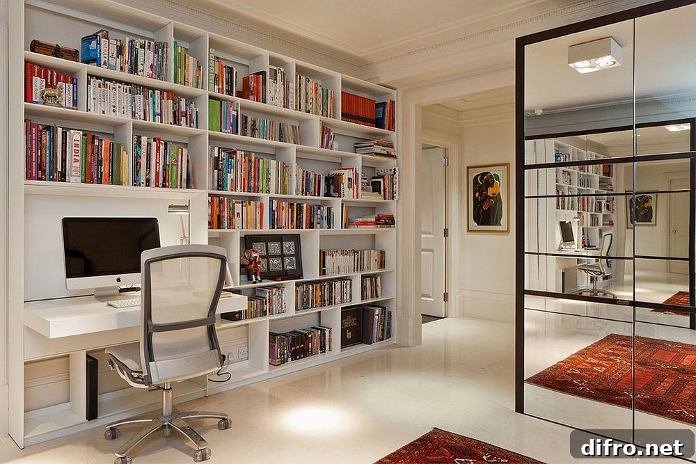 Modern industrial home office in white with shelving and folding desk