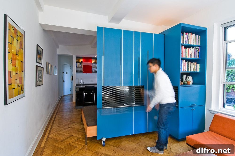 Custom blue metallic wall that doubles as decor and workspace