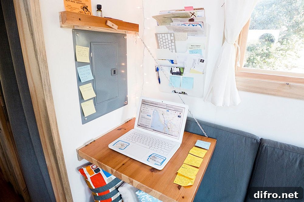 Folding desk in an ultra-tiny apartment living room