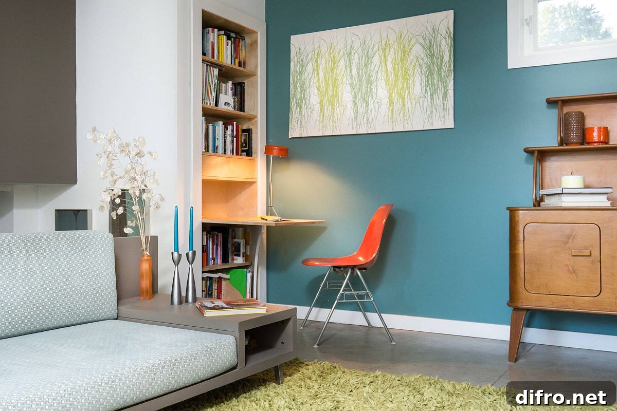 Corner workspace with folding desk and orange chair
