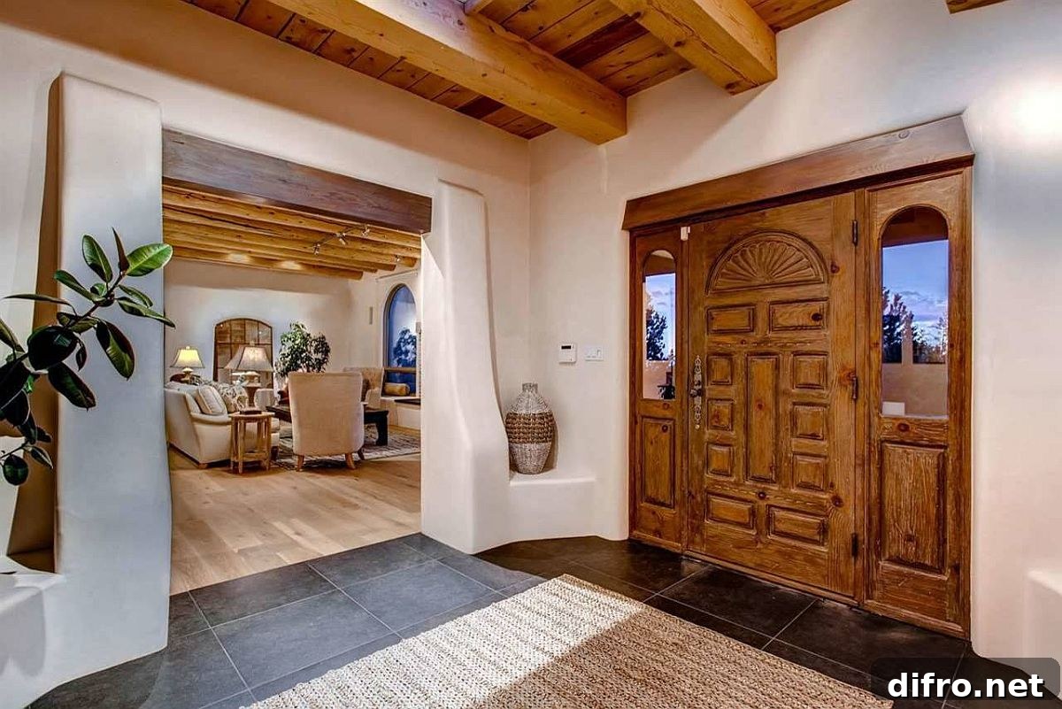 Wood and white entry blending southwestern and Mediterranean styles