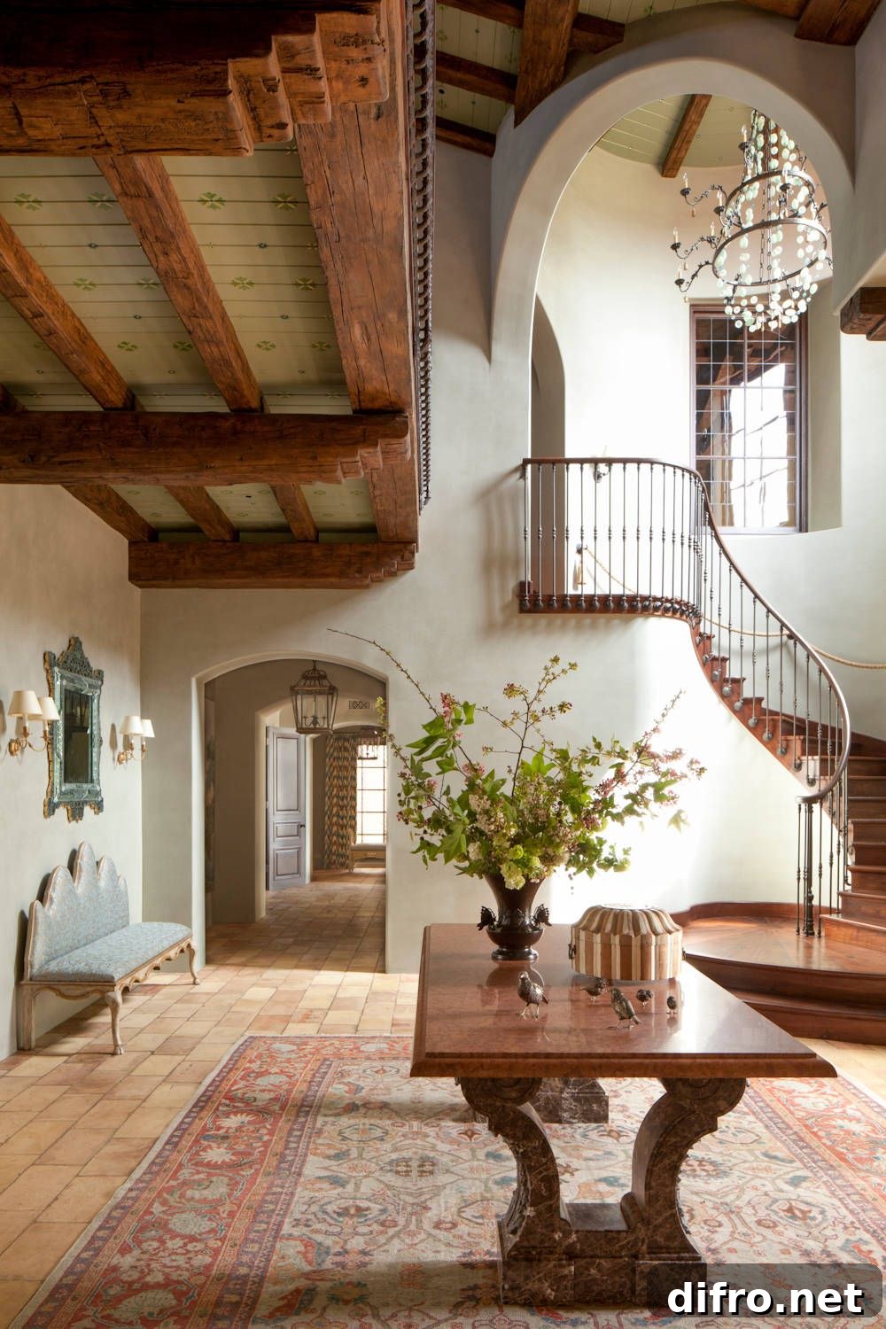 Tuscan-inspired entry with warm tones and wooden accents