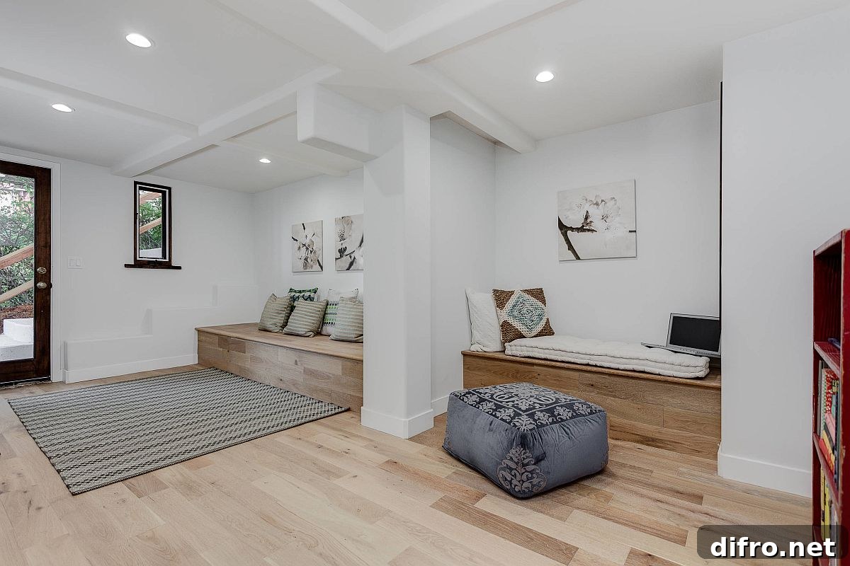 Entry with light wood floors and custom wooden benches against white walls
