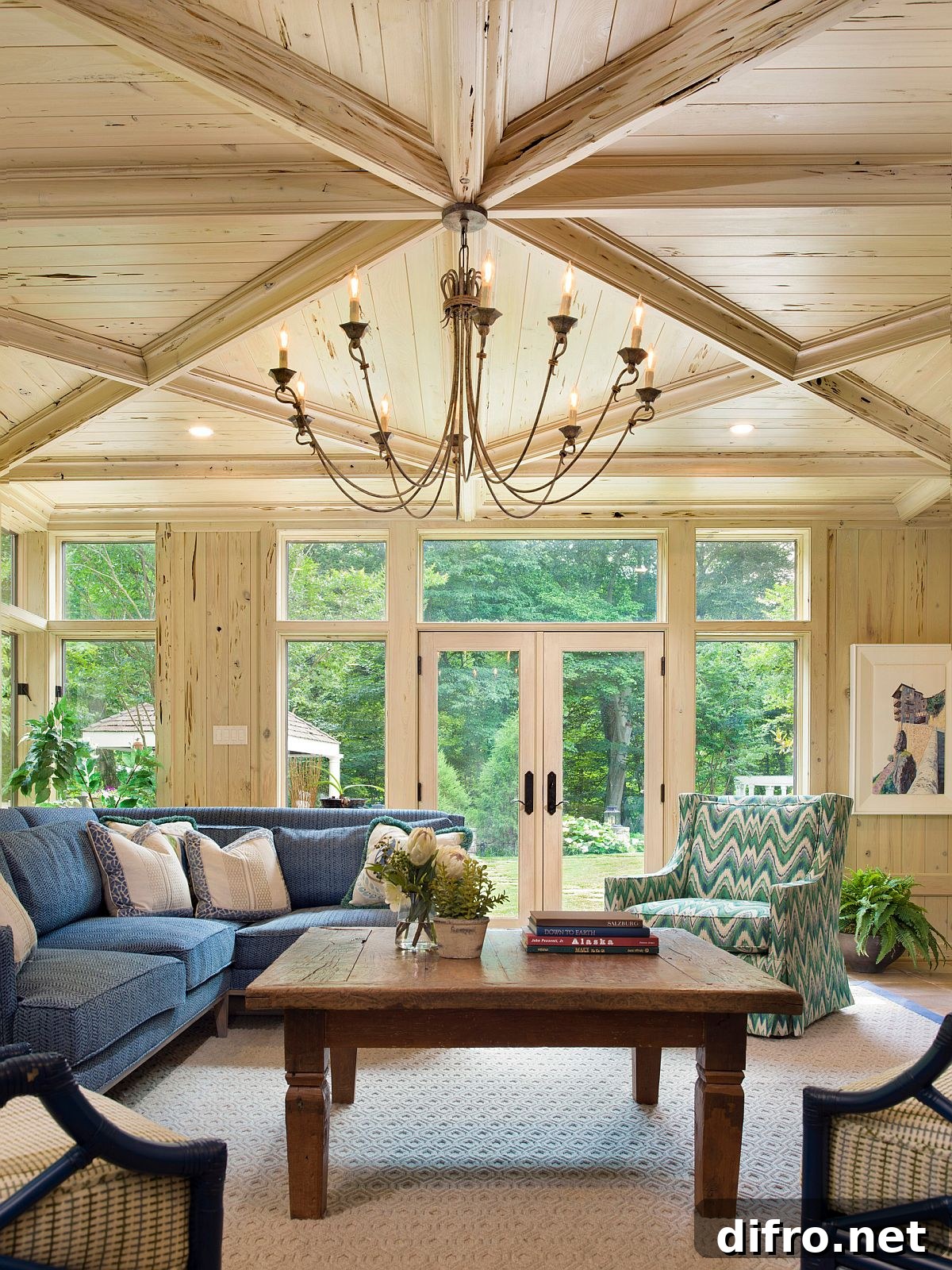 Traditional sunroom with woodsy walls and blue sofa