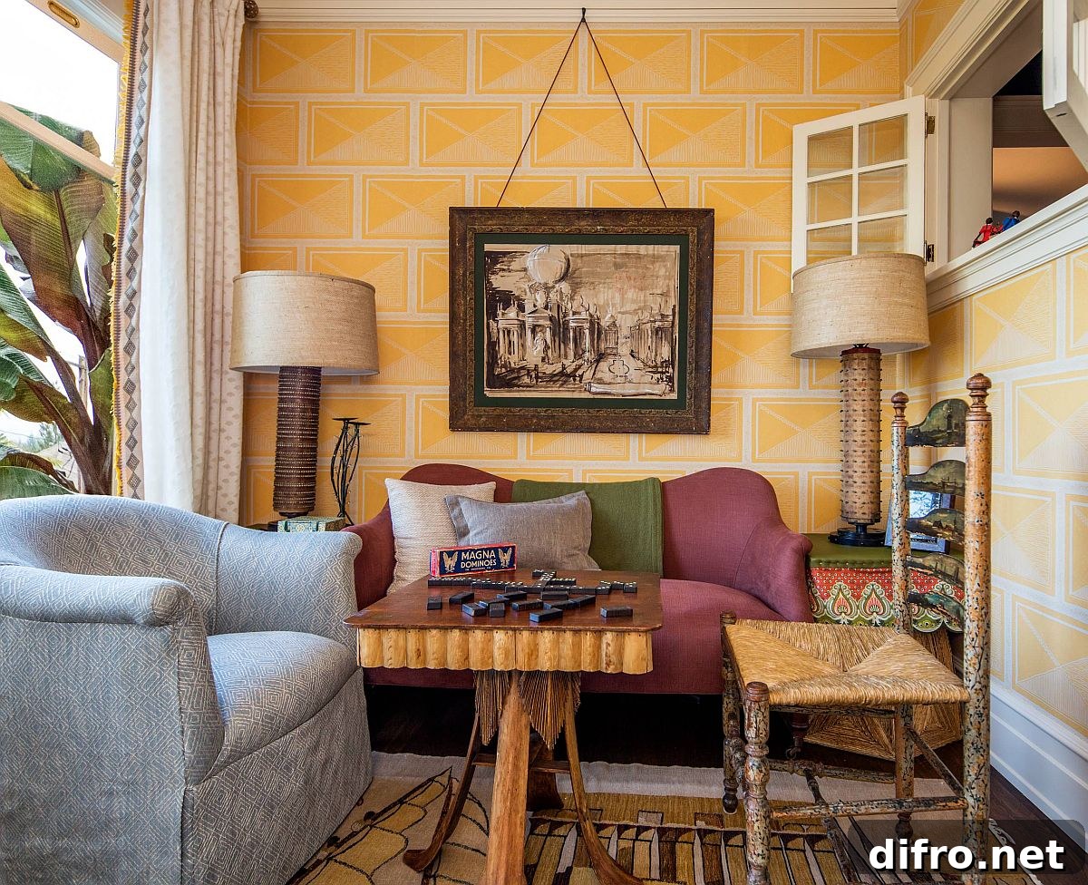 Sunroom with yellow accent wall and eclectic decor