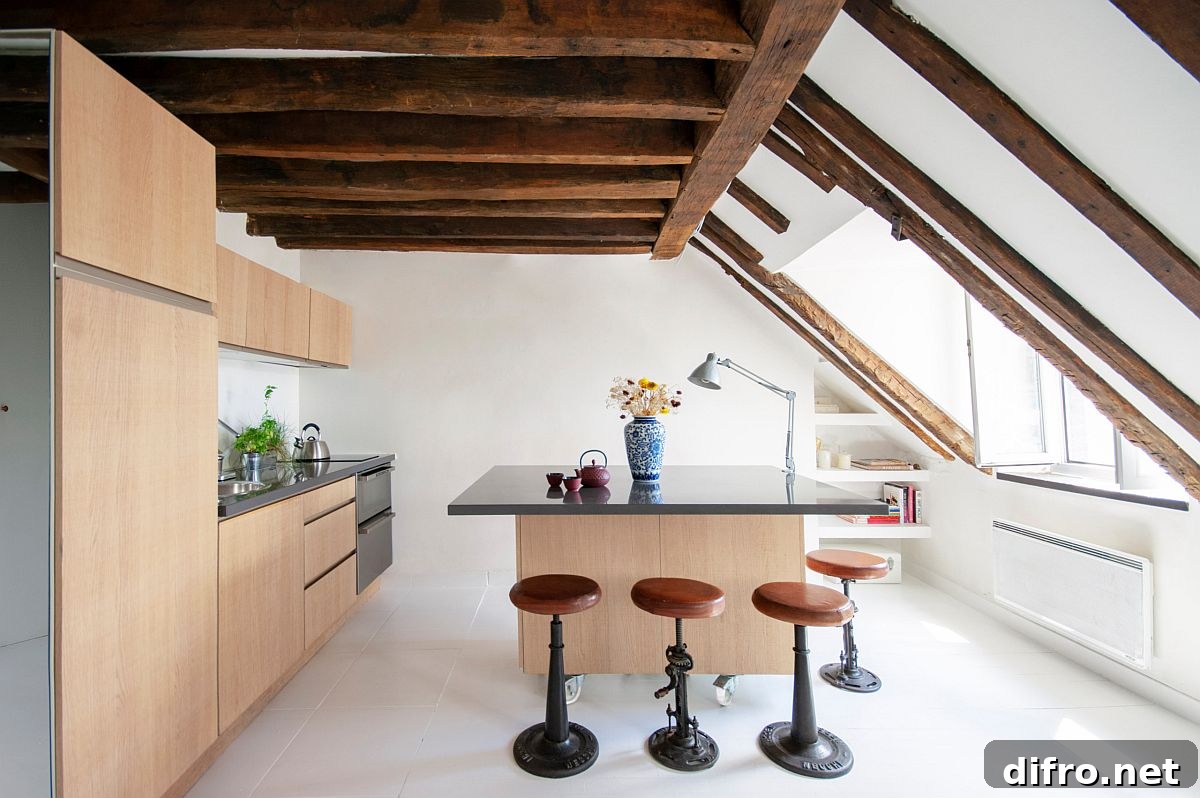 Gorgeous contemporary kitchen in wood and white with beautiful ceiling beams