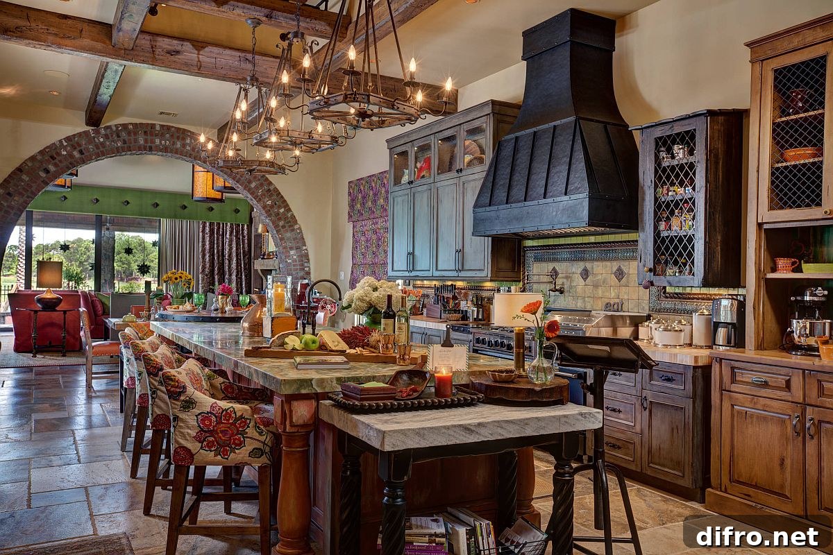 Kitchen island with woodsy warmth and ceiling beams
