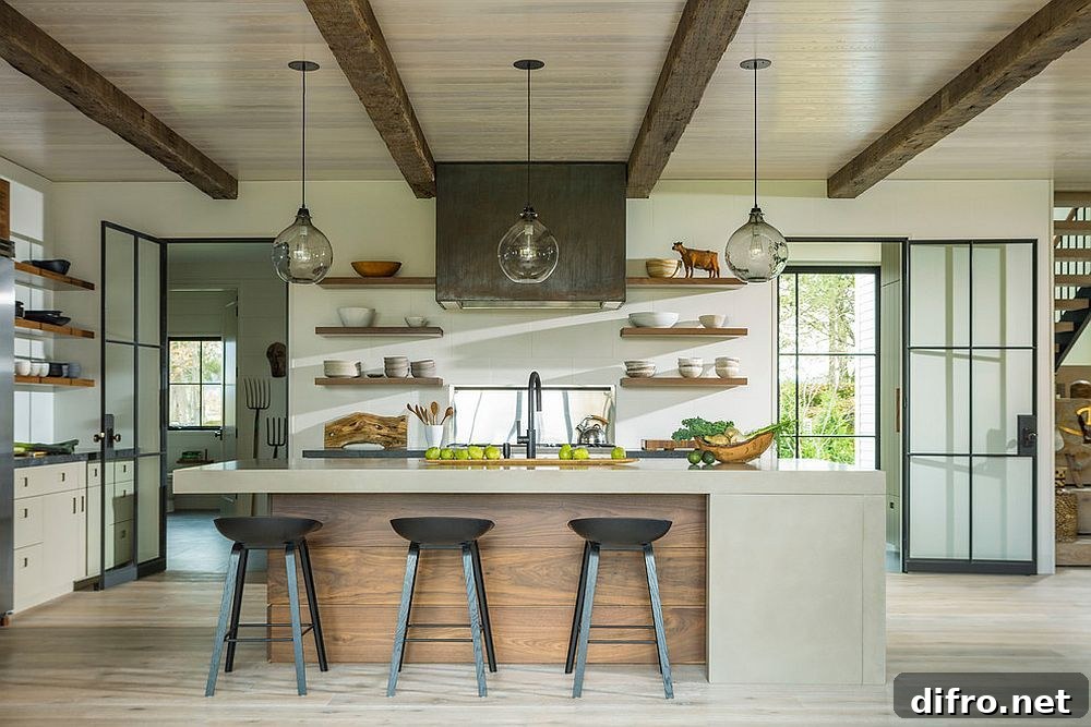 Cozy modern kitchen with wooden ceiling and beams