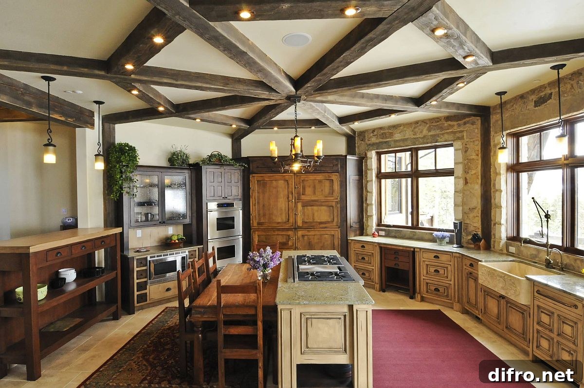 Innovative use of wooden beams with integrated lighting in the kitchen