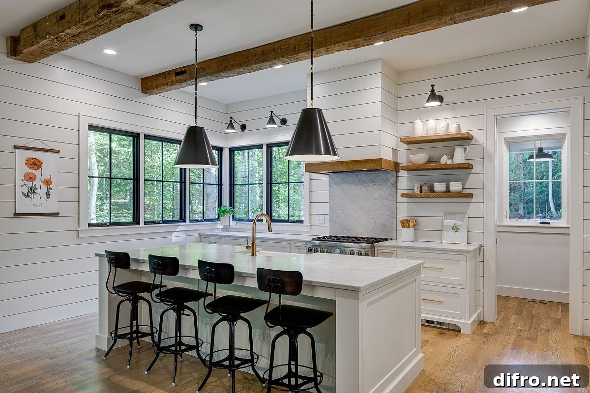 Simple and modern use of wooden ceiling beams with floating wooden shelves in a white kitchen