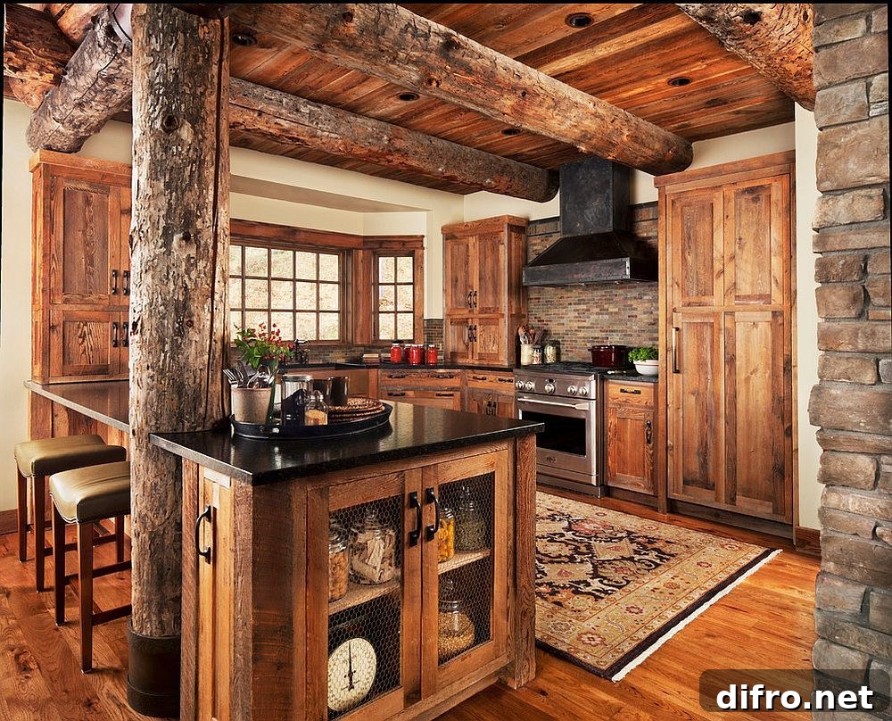 Log-style wooden ceiling beams in a rustic farmhouse kitchen