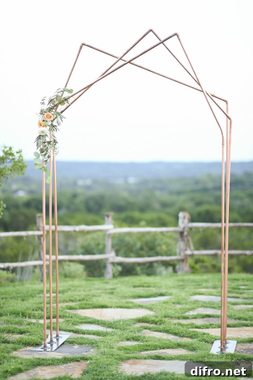 Copper and wood triple peak arch
