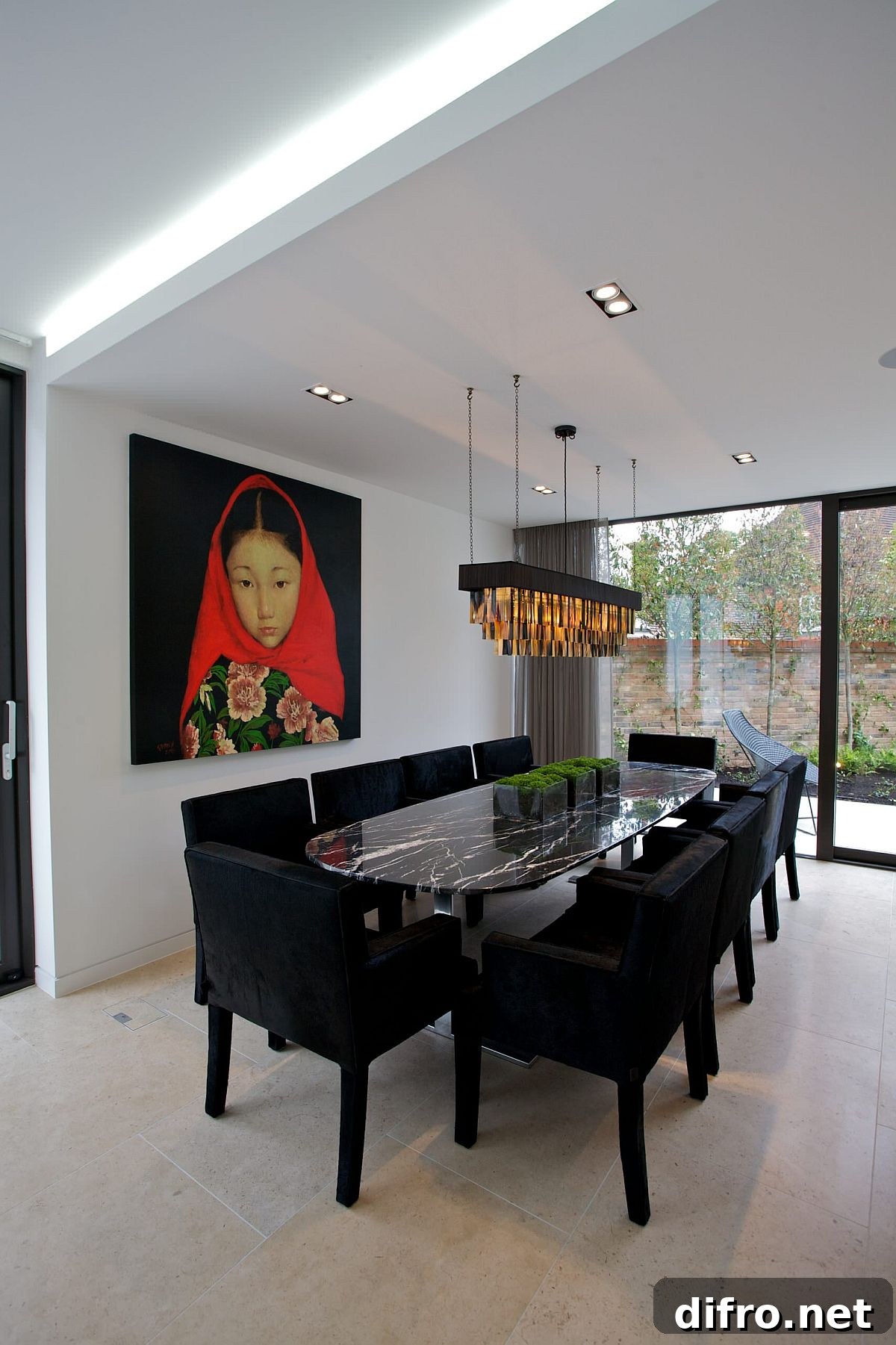 Black marble table top in a stylish dining room