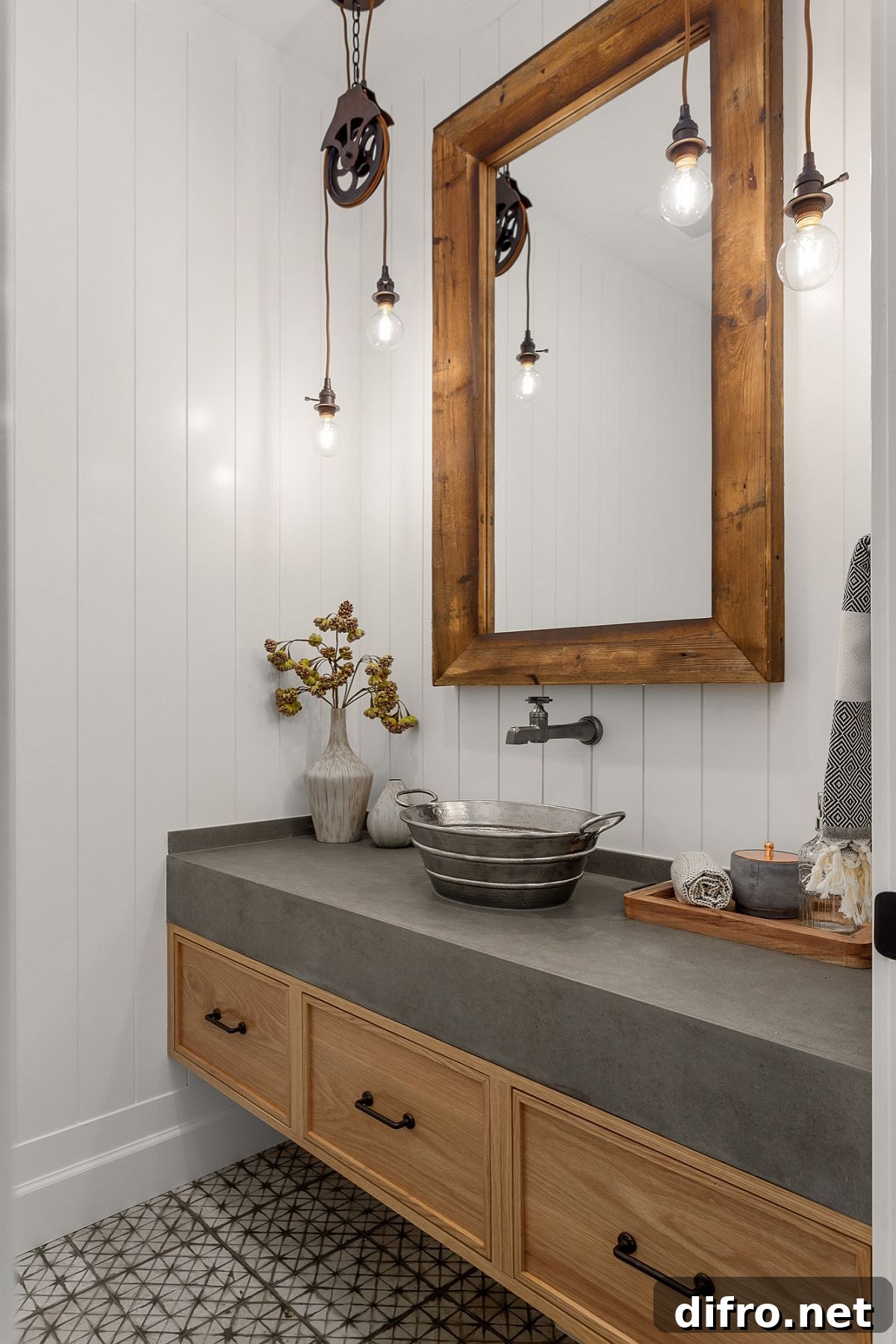 Edison bulb lighting for a white and wood powder room