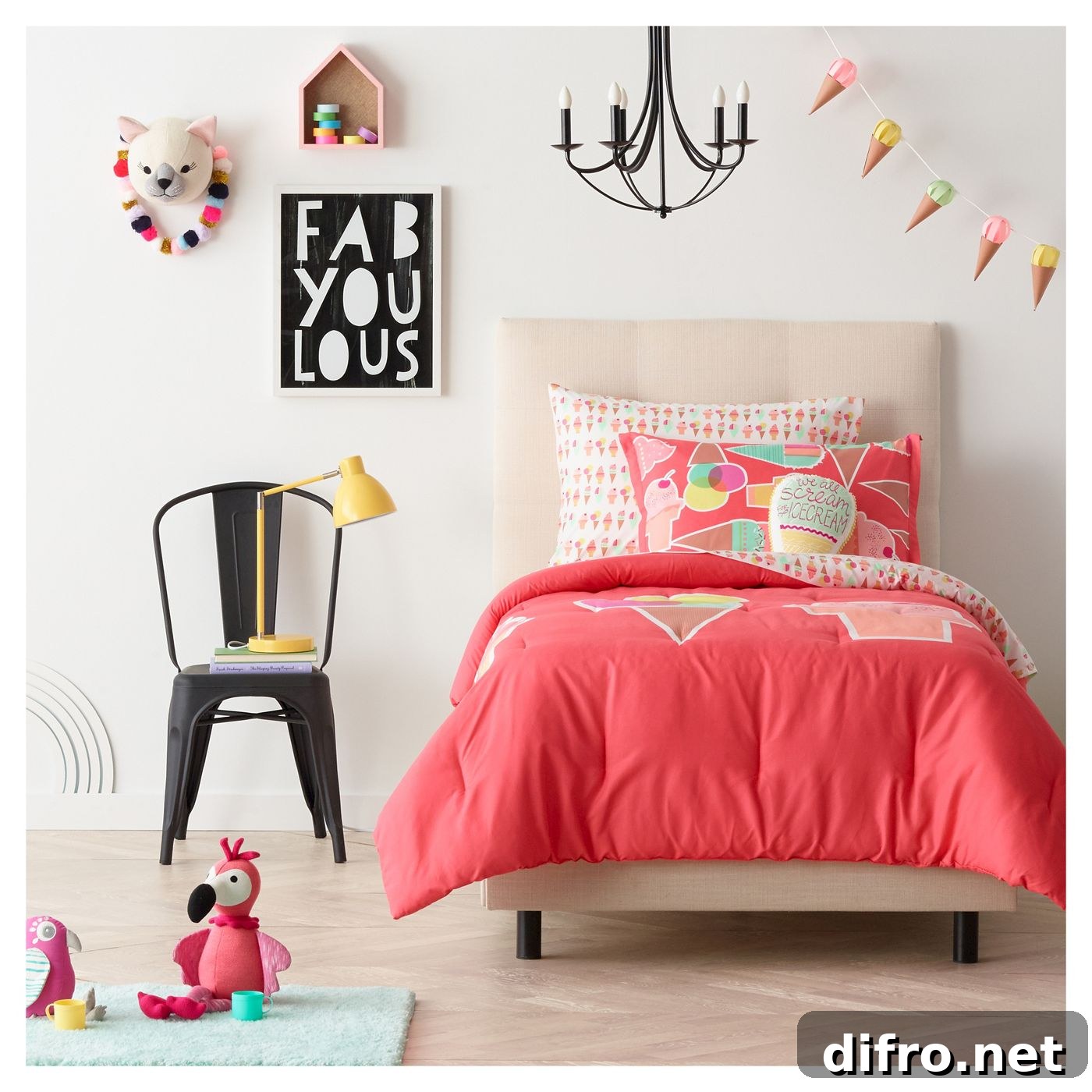 Stylish girls' bedroom with bold bedding and accents