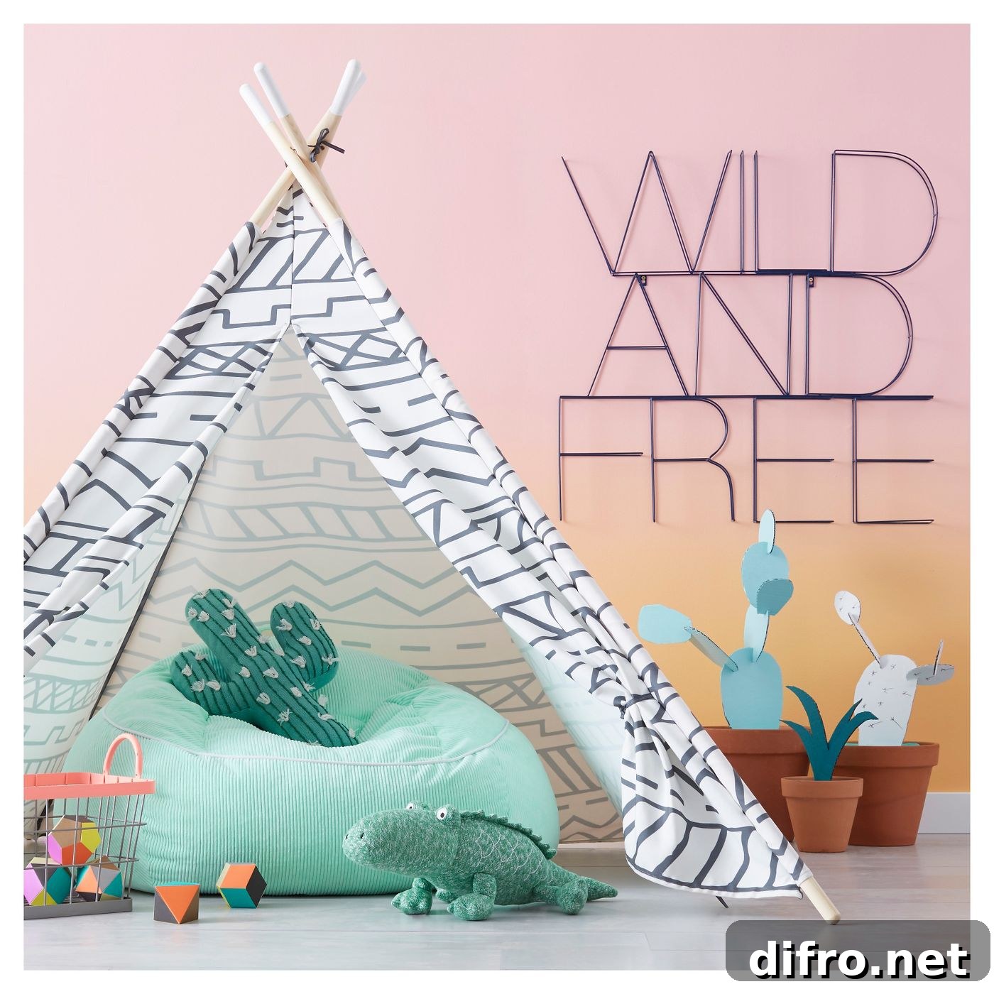 Teepee with patterned accents in kids' room