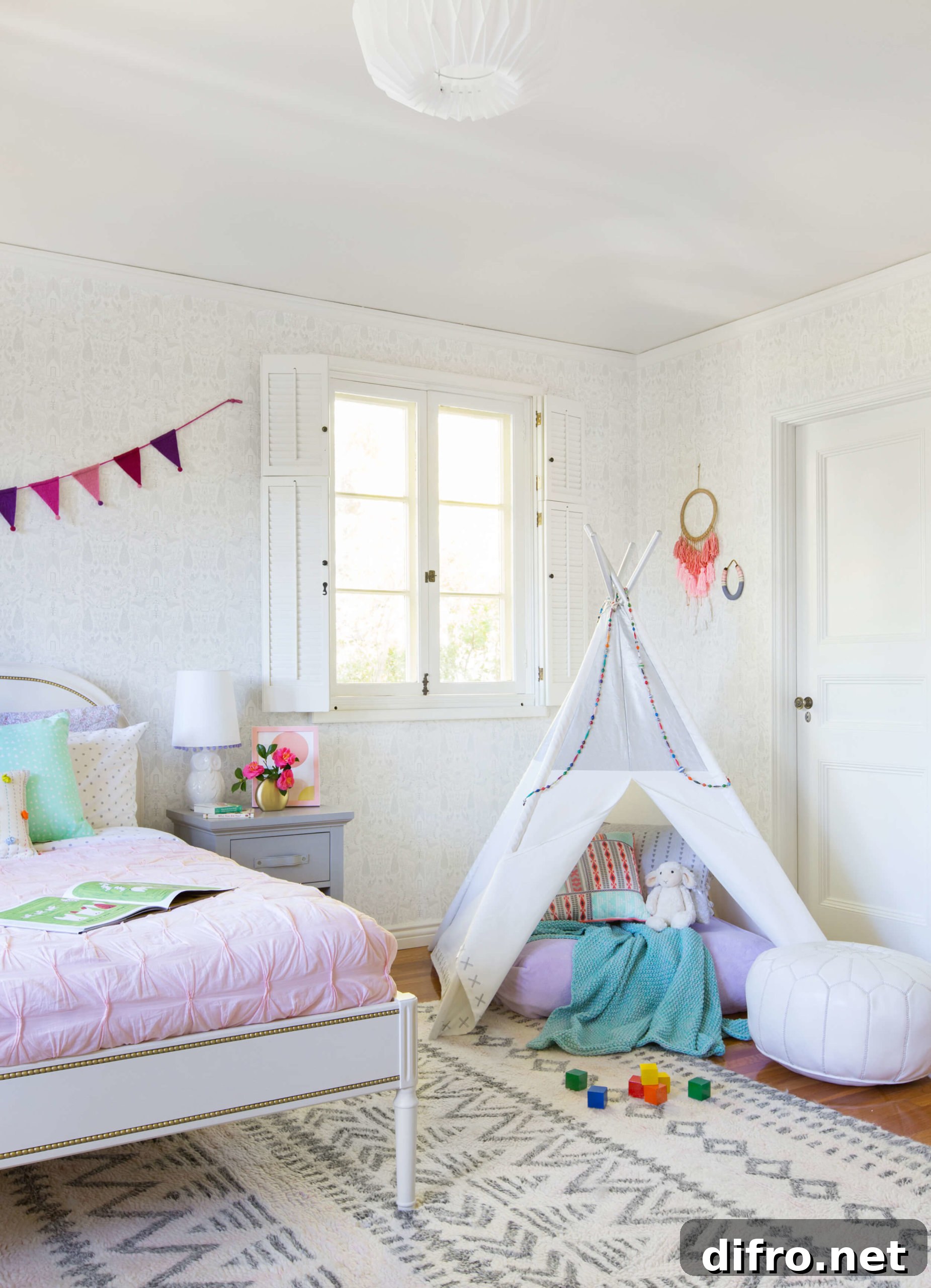 Assorted small wall hangings in girl's bedroom