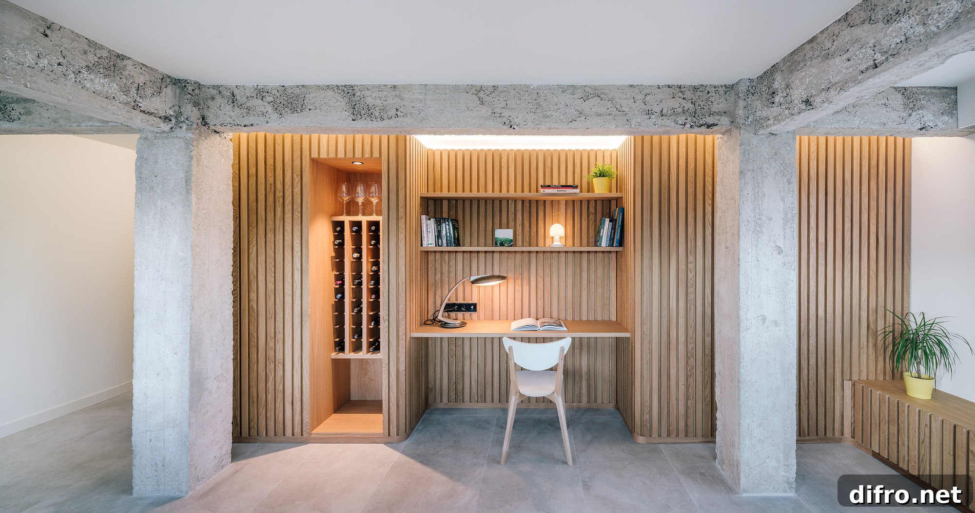 Custom wood walls create a home office while maximizing space