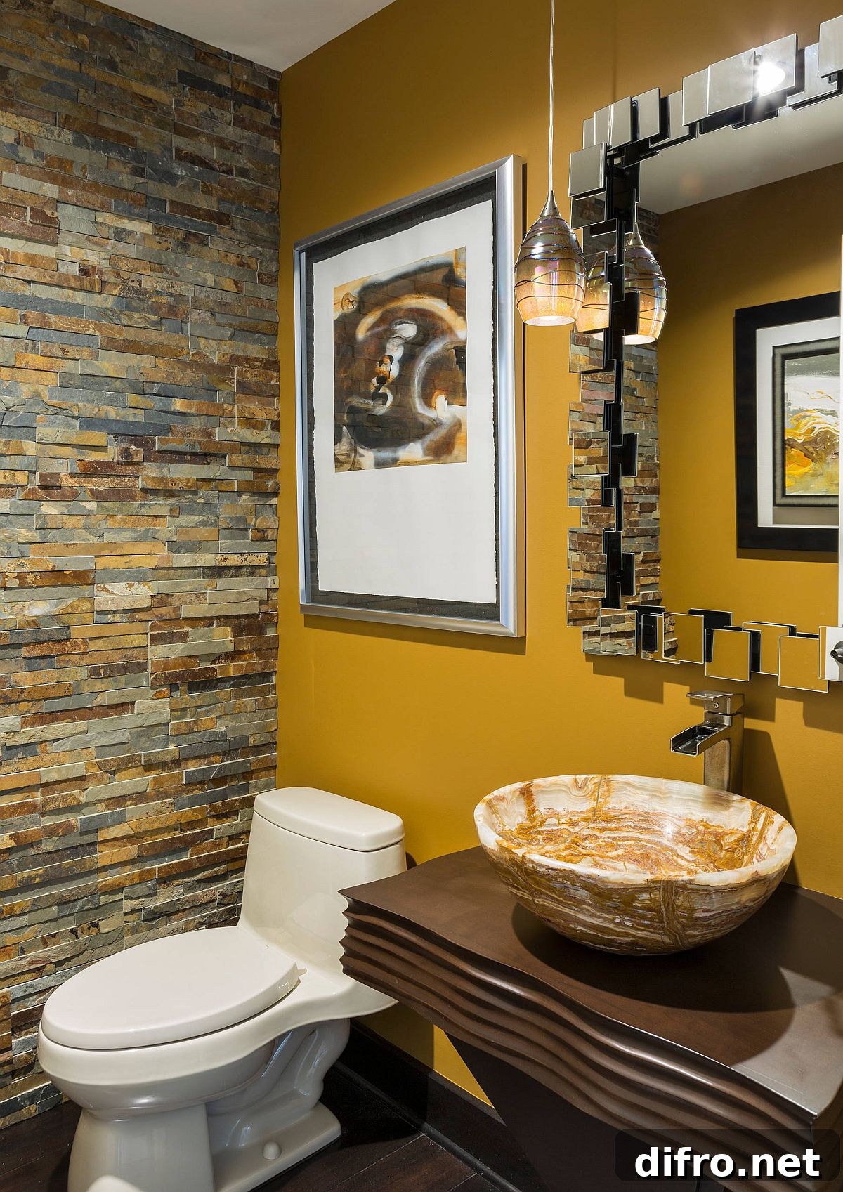Yellow accent wall in a tiny powder room