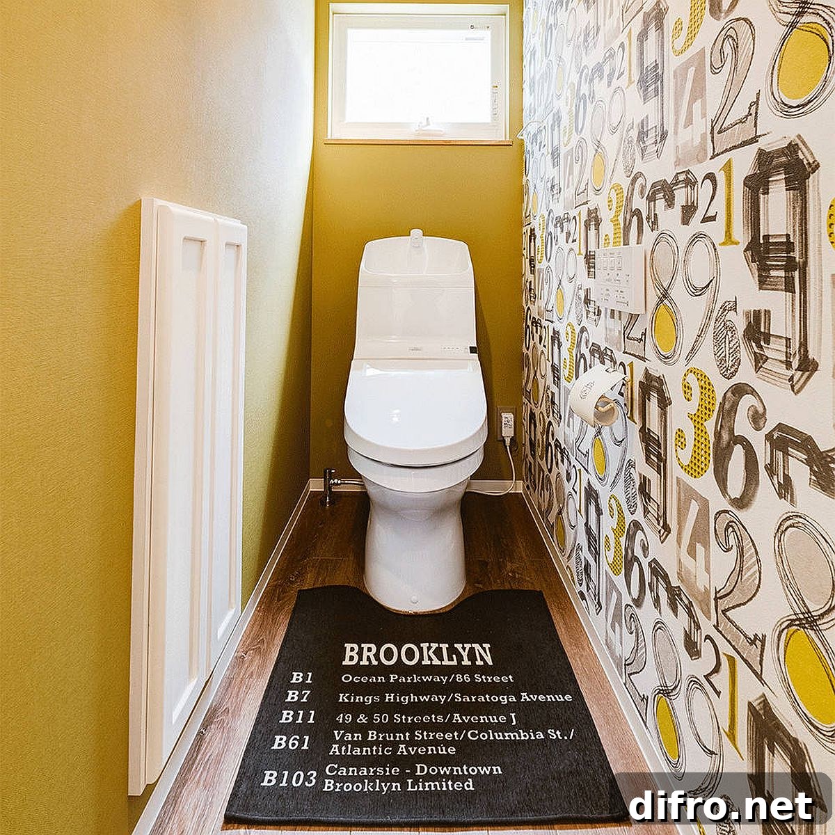 Yellow with patterned wallpaper in a powder room