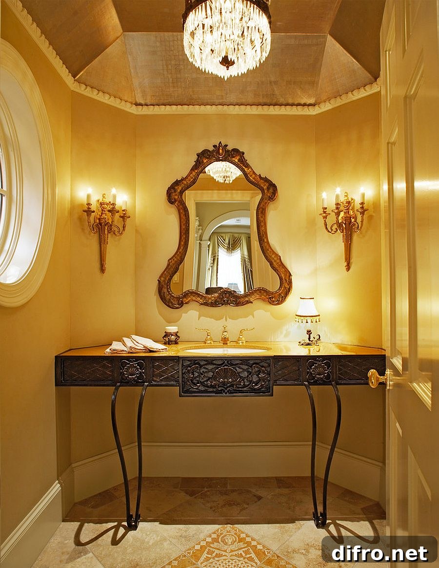 Glam Mediterranean powder room with yellow accents