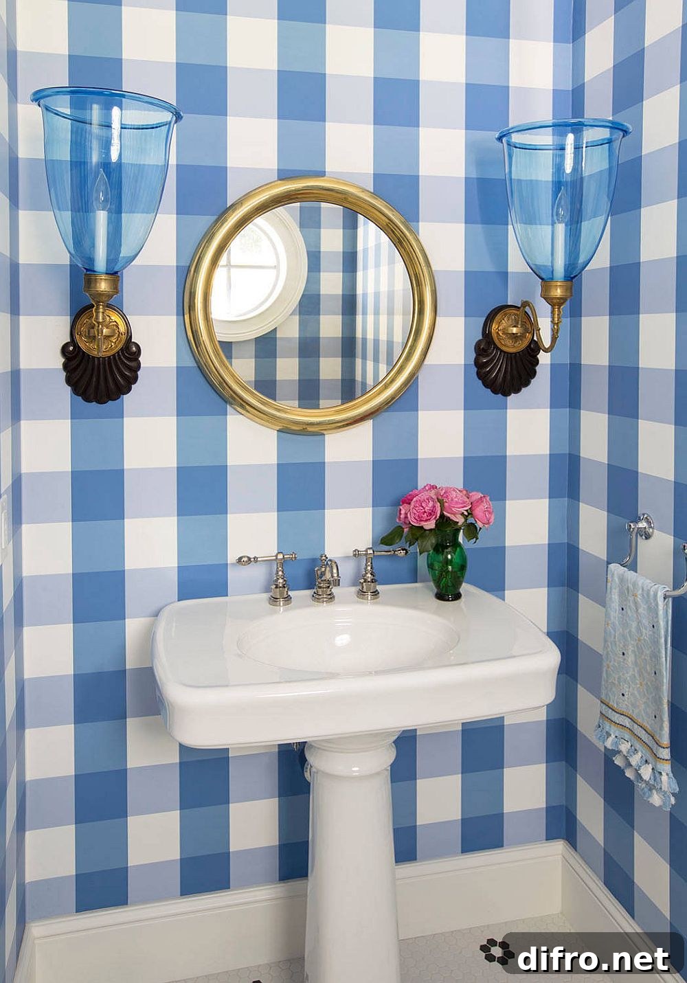 Beach-style powder room with blue checkered walls