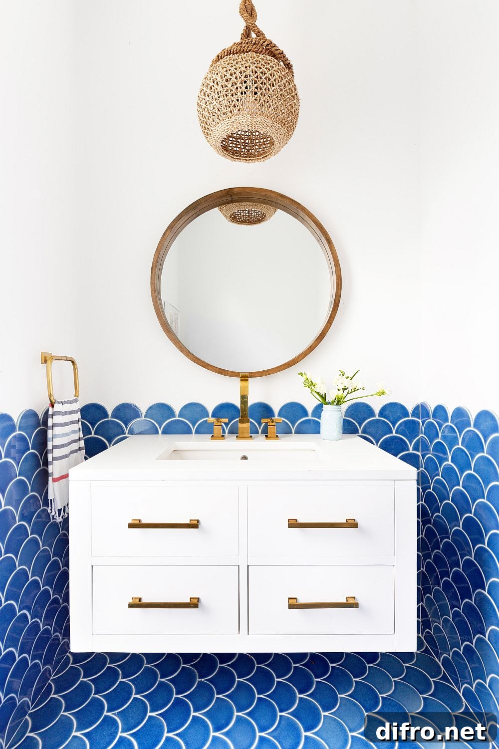 Blue fish-scale tile in beach-style powder room