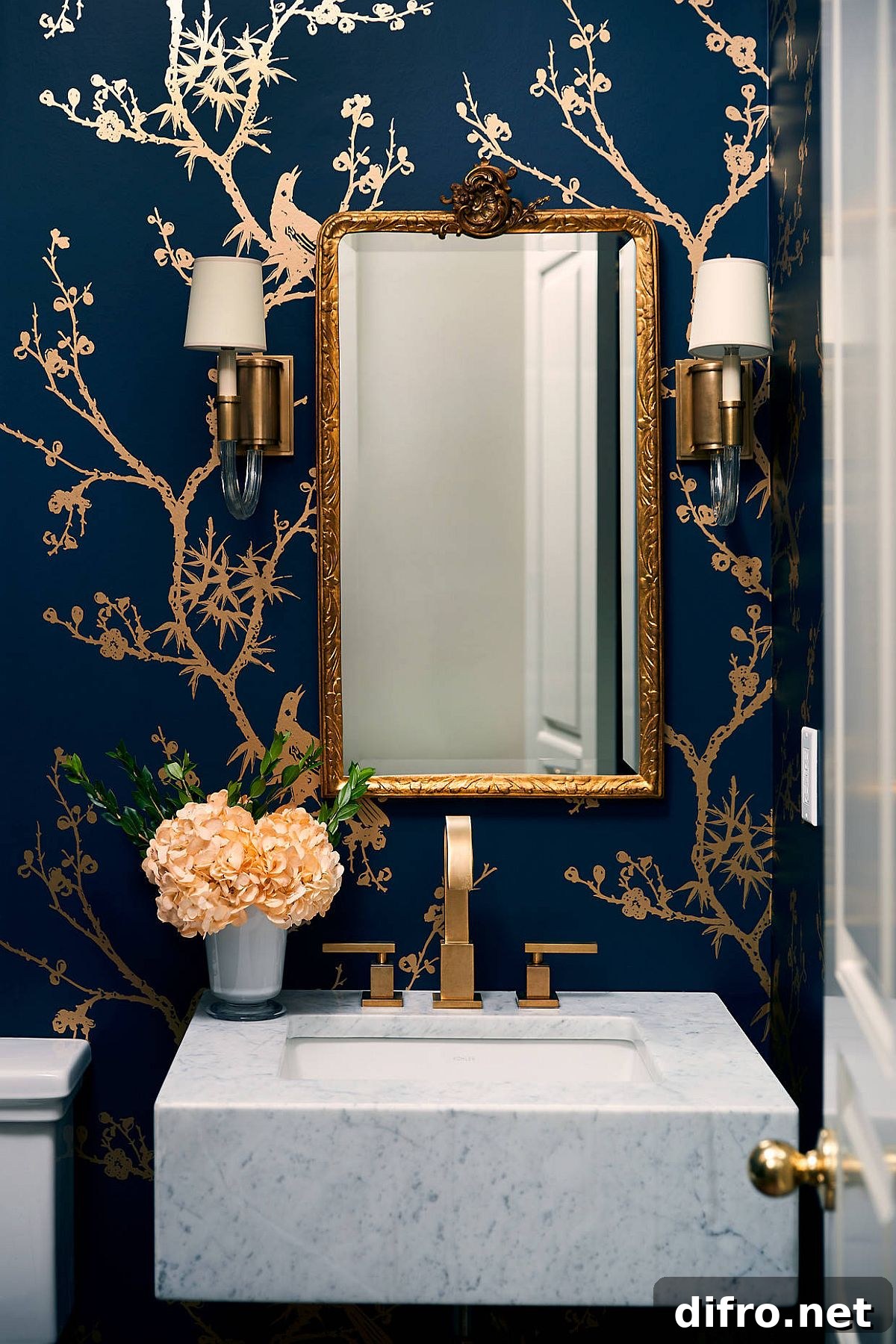 Dark blue and gold contemporary powder room
