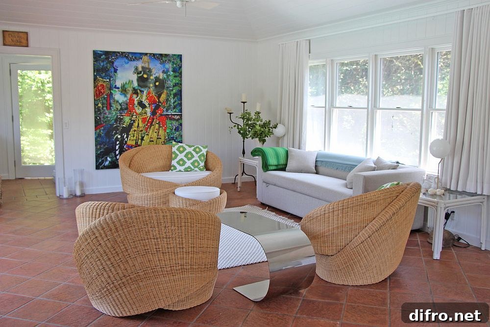 White New York living room with terracotta tile floor