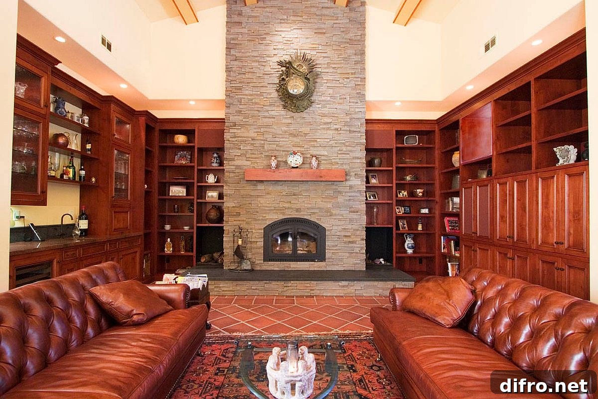 Traditional living room with terracotta-tiled section and fireplace